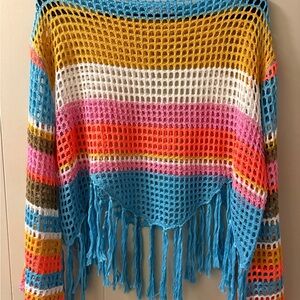 Colorful Crochet Fringe Women’s Sweater - Blue, Pink, Mustard, White, Orange
